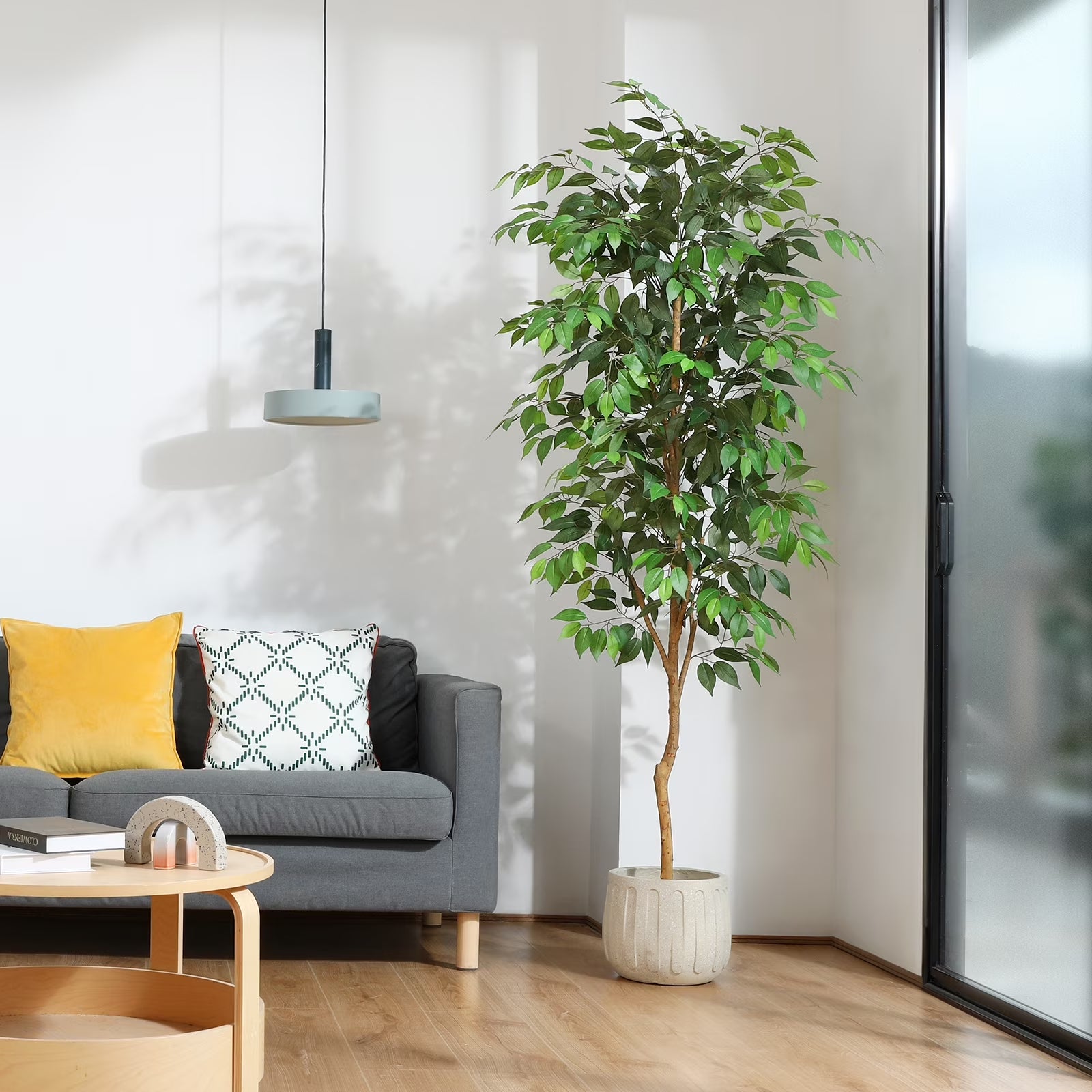 7FT Artificial Ficus Tree with Natural Wood Trunk and Lifelike Leaves, Silk Fake Potted Tree with Wood Branches, Faux Tree for Office Home Decor