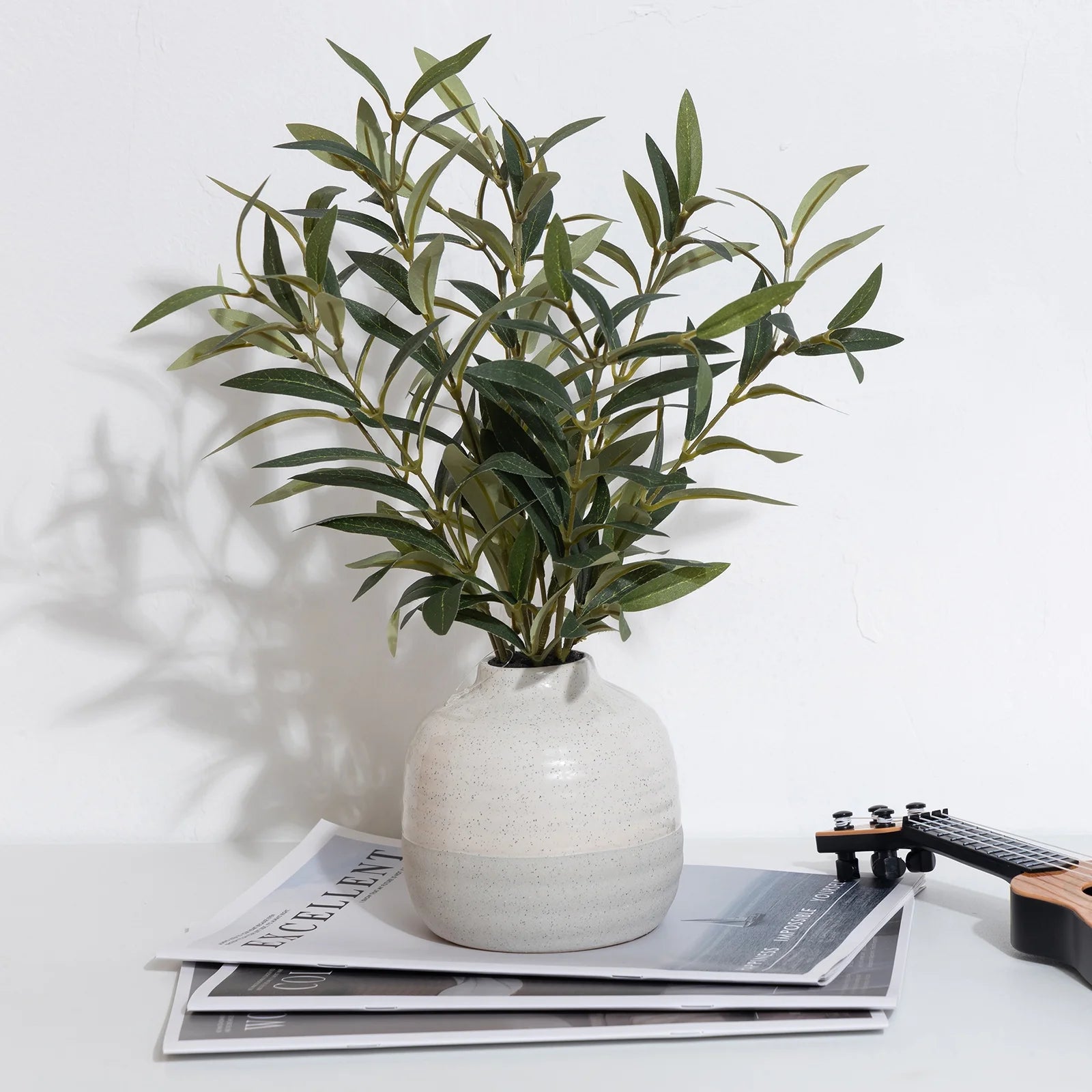 14" Indoor Artificial Olive Plant in Two-Tone Ceramic Vase