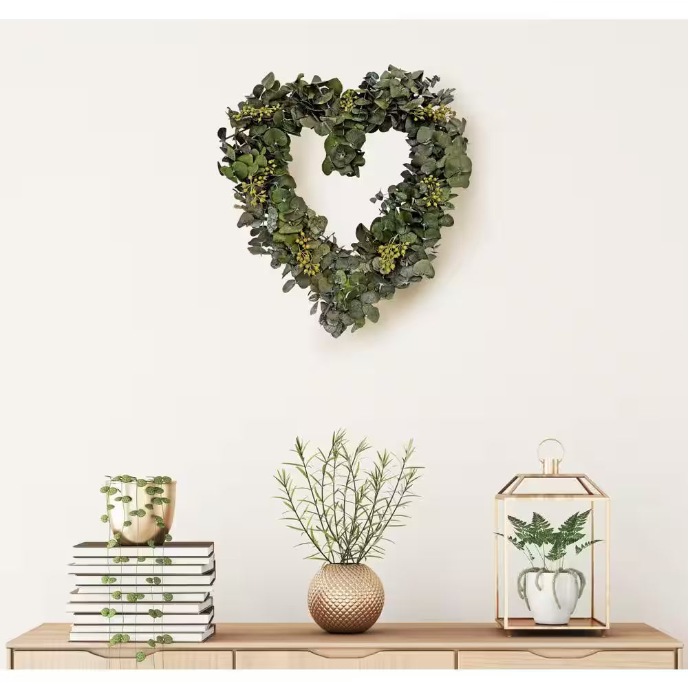 14 In. Non Artificial Preserved Eucalyptus Leaves Heart Shape Wreath