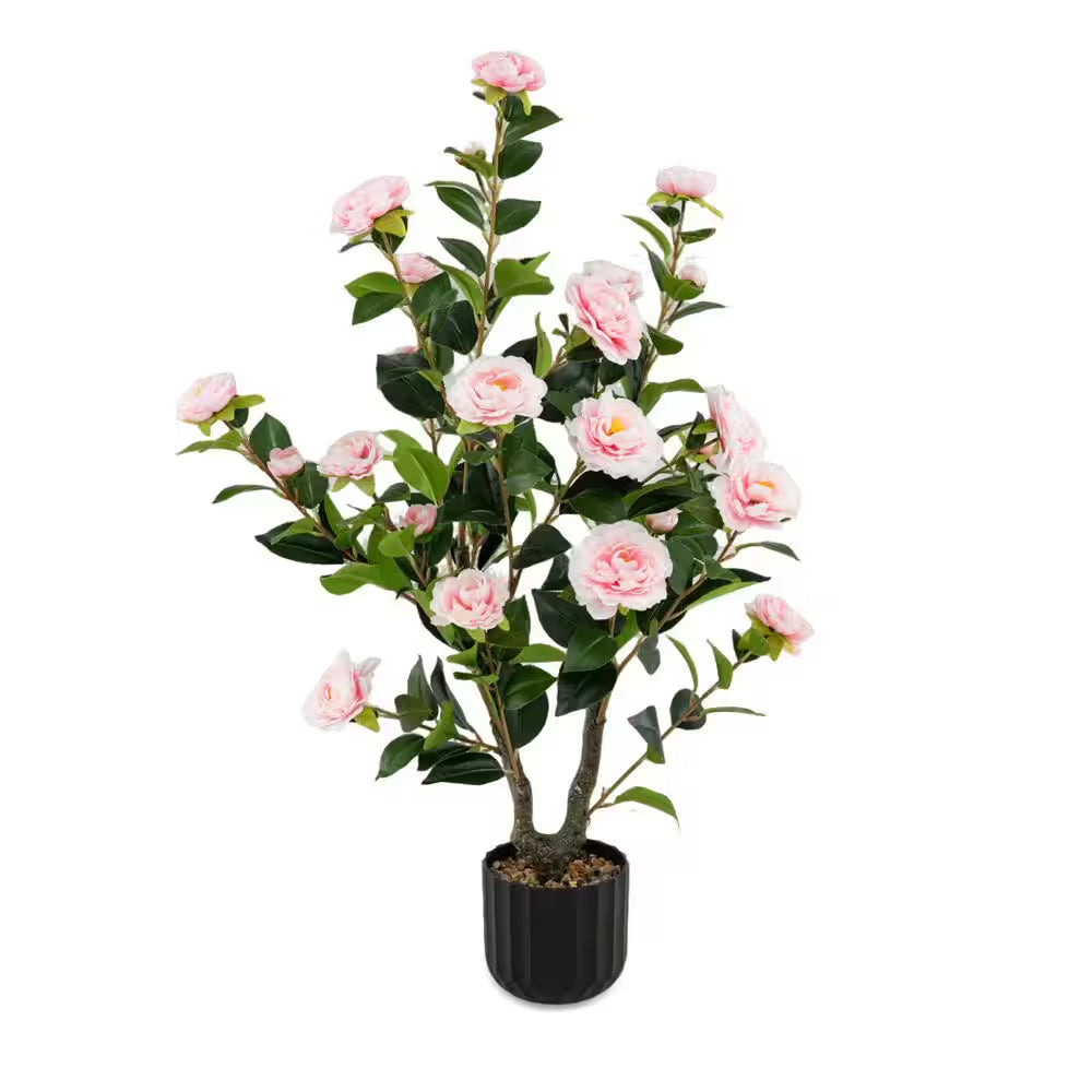 38 In. Pink Indoor Artificial Camellia Tree Faux Floral Plant Fake Tree for Decoration