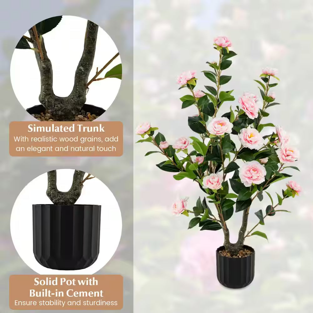 38 In. Pink Indoor Artificial Camellia Tree Faux Floral Plant Fake Tree for Decoration