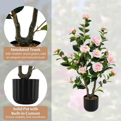 38 In. Pink Indoor Artificial Camellia Tree Faux Floral Plant Fake Tree for Decoration