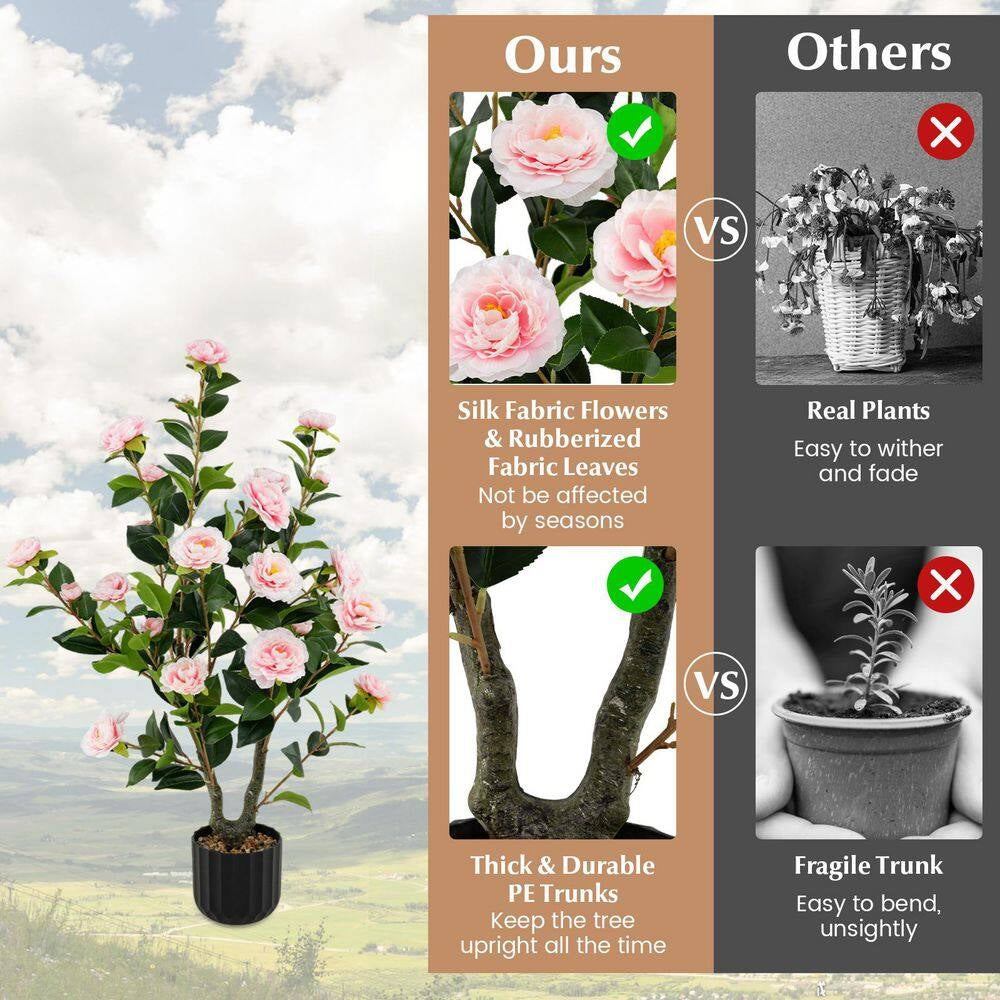 38 In. Pink Indoor Artificial Camellia Tree Faux Floral Plant Fake Tree for Decoration