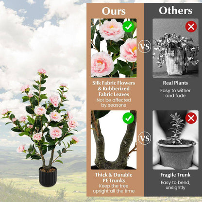 38 In. Pink Indoor Artificial Camellia Tree Faux Floral Plant Fake Tree for Decoration