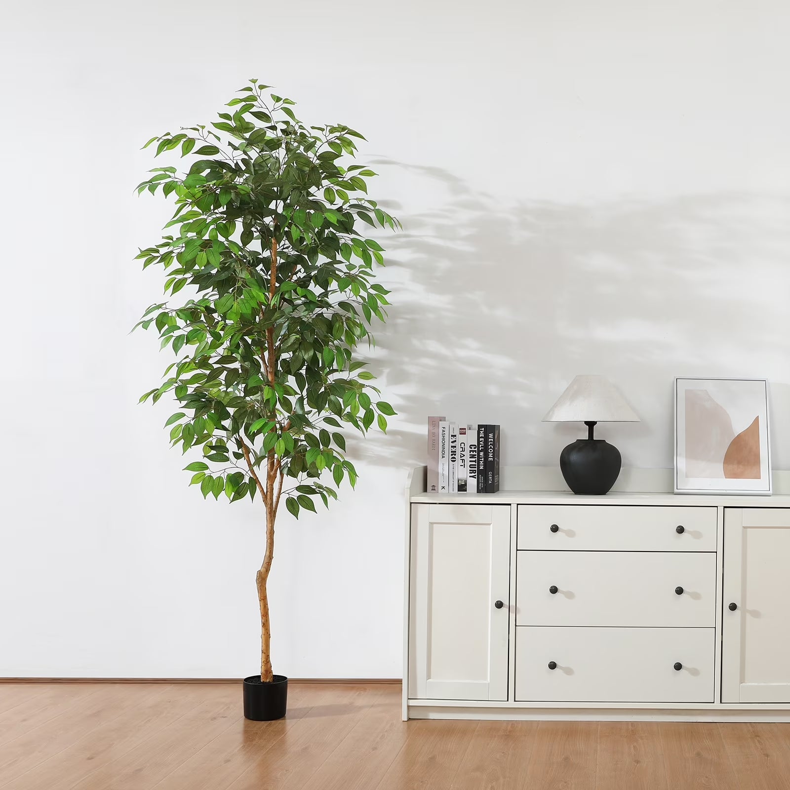 7FT Artificial Ficus Tree with Natural Wood Trunk and Lifelike Leaves, Silk Fake Potted Tree with Wood Branches, Faux Tree for Office Home Decor