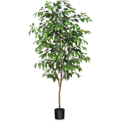 5FT Artificial Ficus Tree with Natural Wood Trunk and Lifelike Leaves, Silk Fake Potted Tree with Wood Branches, Faux Tree for Office Home Decor