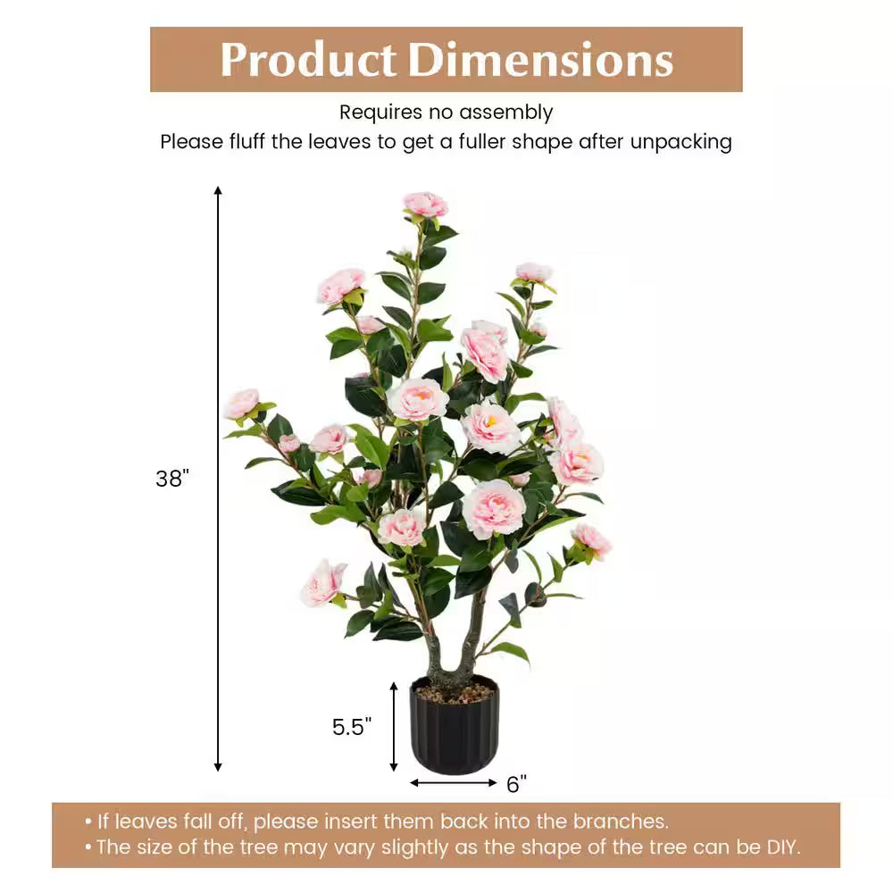 38 In. Pink Indoor Artificial Camellia Tree Faux Floral Plant Fake Tree for Decoration