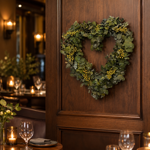 Fake Eucalyptus Heart Wreath for Cafe or Bar — 14 Inch Wall Decor