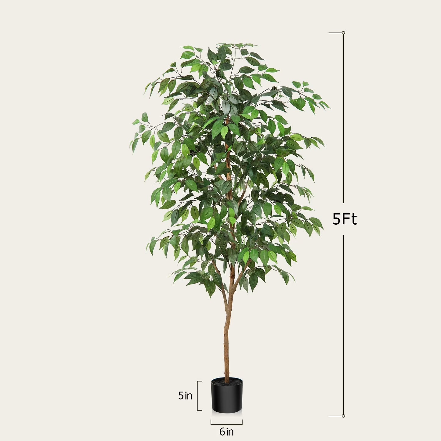 5FT Artificial Ficus Tree with Natural Wood Trunk and Lifelike Leaves, Silk Fake Potted Tree with Wood Branches, Faux Tree for Office Home Decor