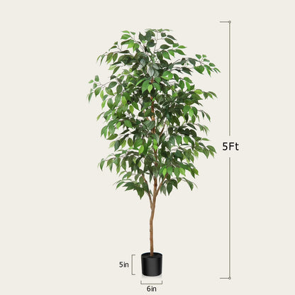 5FT Artificial Ficus Tree with Natural Wood Trunk and Lifelike Leaves, Silk Fake Potted Tree with Wood Branches, Faux Tree for Office Home Decor