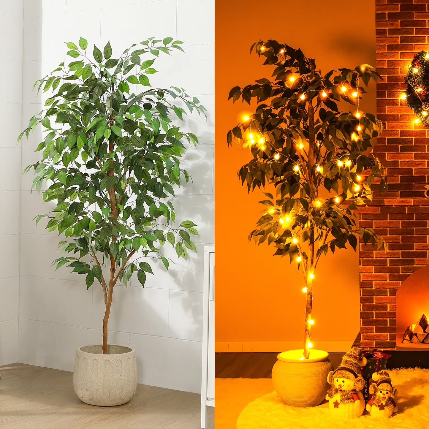 5FT Artificial Ficus Tree with Natural Wood Trunk and Lifelike Leaves, Silk Fake Potted Tree with Wood Branches, Faux Tree for Office Home Decor
