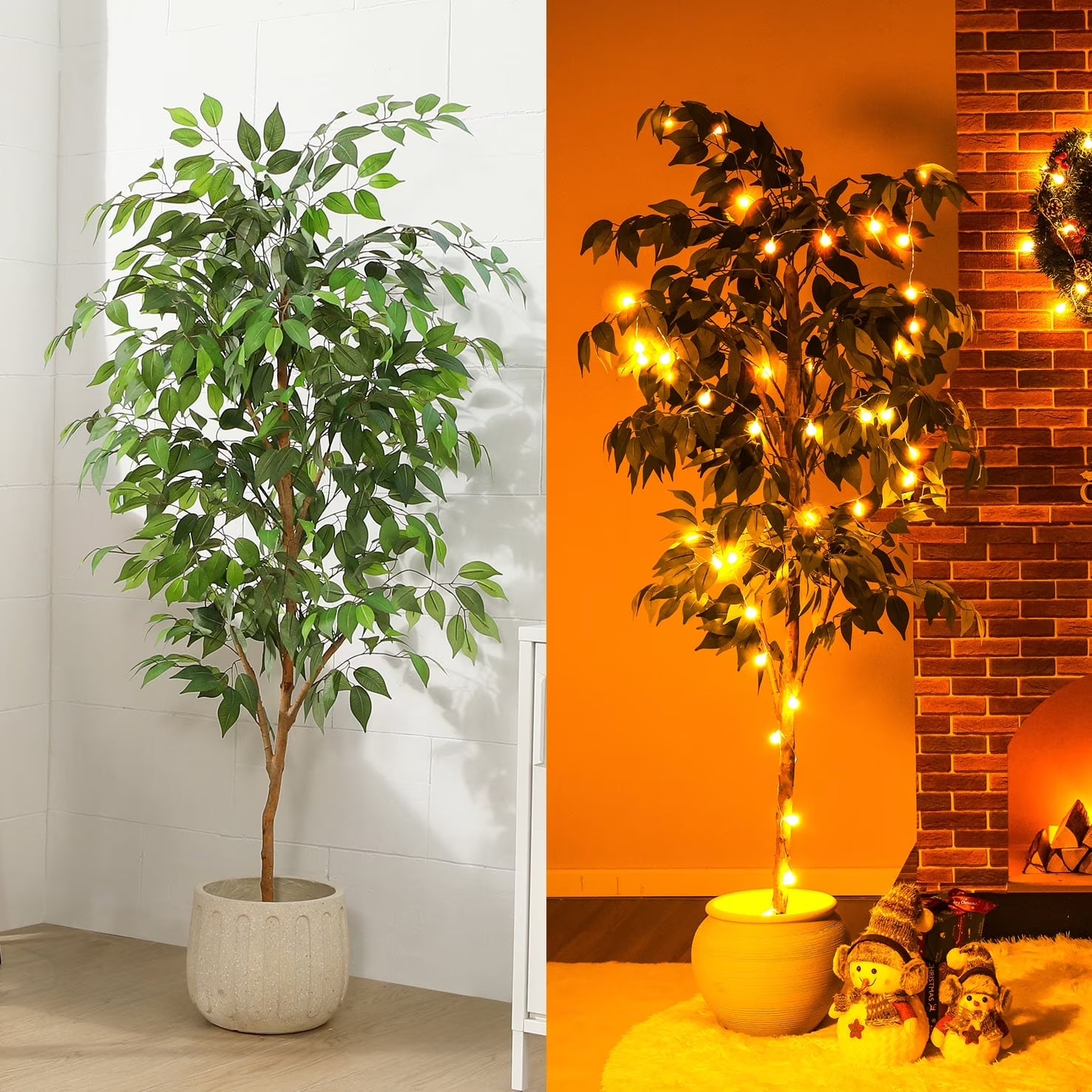 5FT Artificial Ficus Tree with Natural Wood Trunk and Lifelike Leaves, Silk Fake Potted Tree with Wood Branches, Faux Tree for Office Home Decor