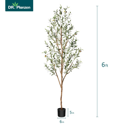 2 Pack 6 Ft Artificial Olive Plants with Realistic Leaves and Natural Trunk, Silk Fake Olive Tree in Black Plastic Pot, Faux Olive Tree for Office Home