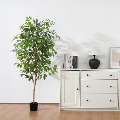 5FT Artificial Ficus Tree with Natural Wood Trunk and Lifelike Leaves, Silk Fake Potted Tree with Wood Branches, Faux Tree for Office Home Decor