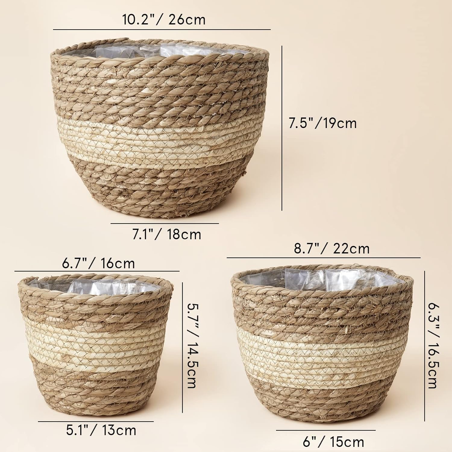 Seagrass Planter Basket Indoor Outdoor, Flower Pots Cover, Plant Containers, Beige, 10 Inch