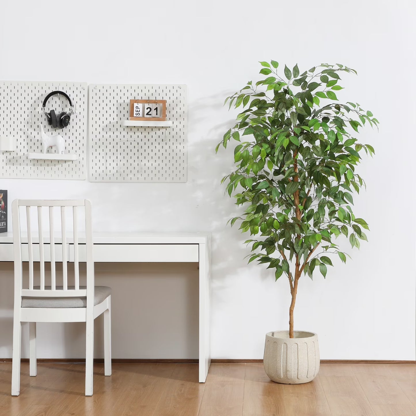 5FT Artificial Ficus Tree with Natural Wood Trunk and Lifelike Leaves, Silk Fake Potted Tree with Wood Branches, Faux Tree for Office Home Decor