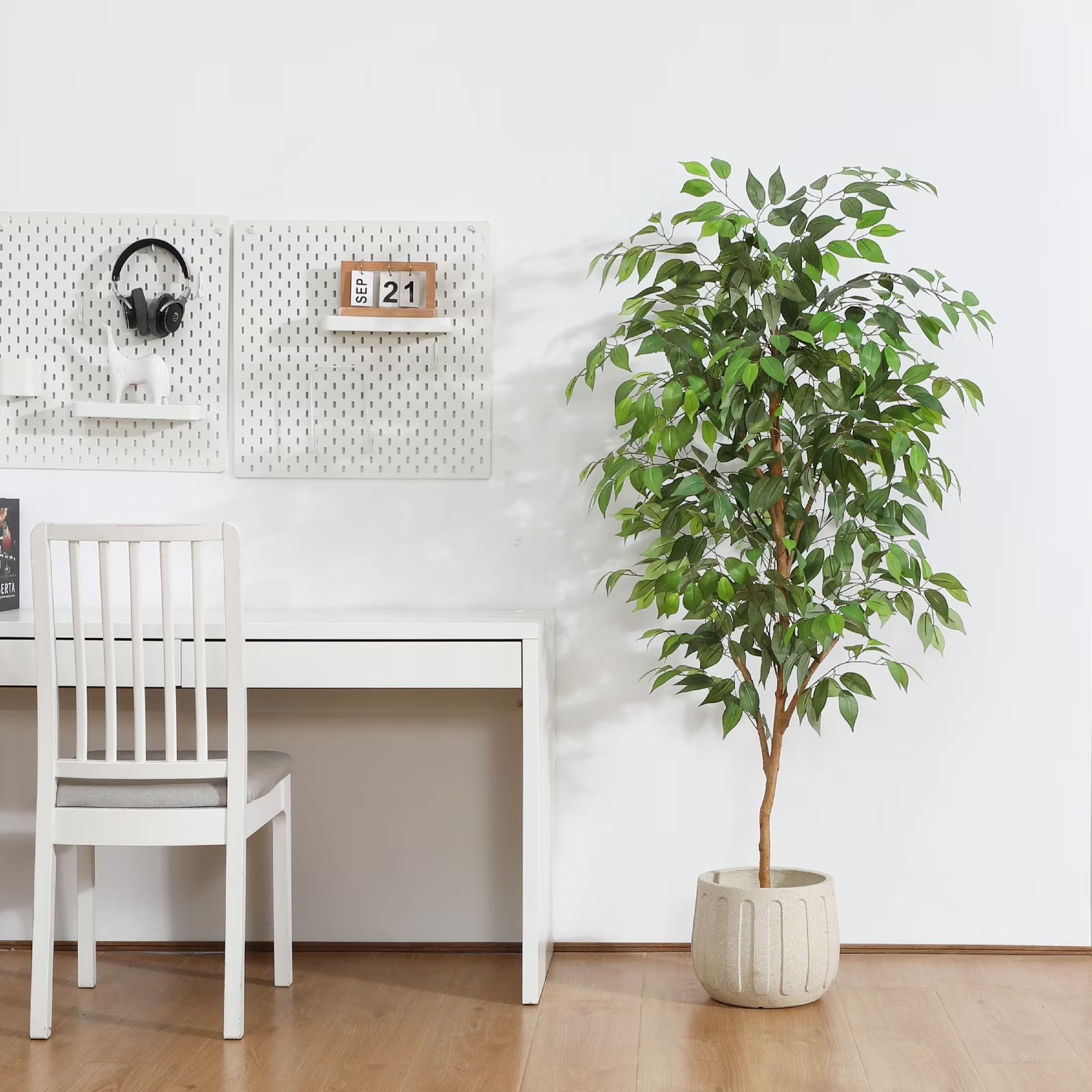 5FT Artificial Ficus Tree with Natural Wood Trunk and Lifelike Leaves, Silk Fake Potted Tree with Wood Branches, Faux Tree for Office Home Decor