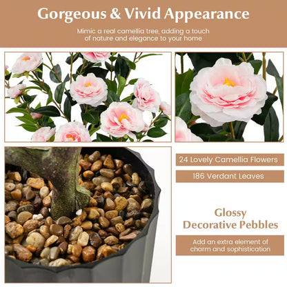 38 In. Pink Indoor Artificial Camellia Tree Faux Floral Plant Fake Tree for Decoration