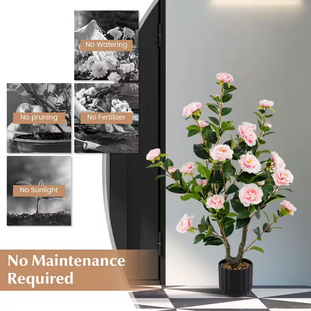 38 In. Pink Indoor Artificial Camellia Tree Faux Floral Plant Fake Tree for Decoration