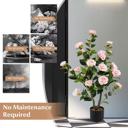 38 In. Pink Indoor Artificial Camellia Tree Faux Floral Plant Fake Tree for Decoration