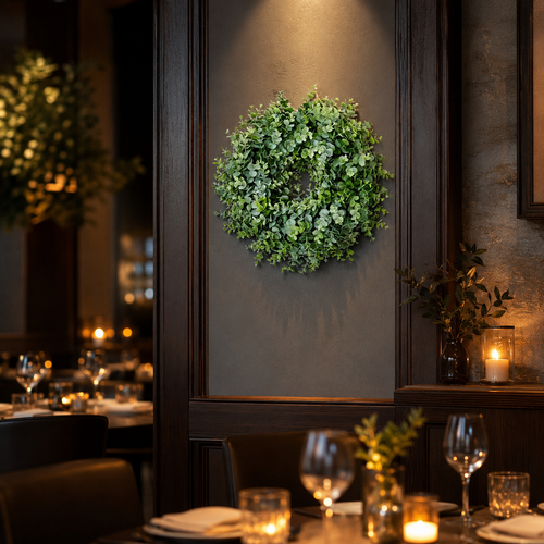 Fake Eucalyptus Wreath for Restaurant Wall Decor — 16 Inch Zero Maintenance
