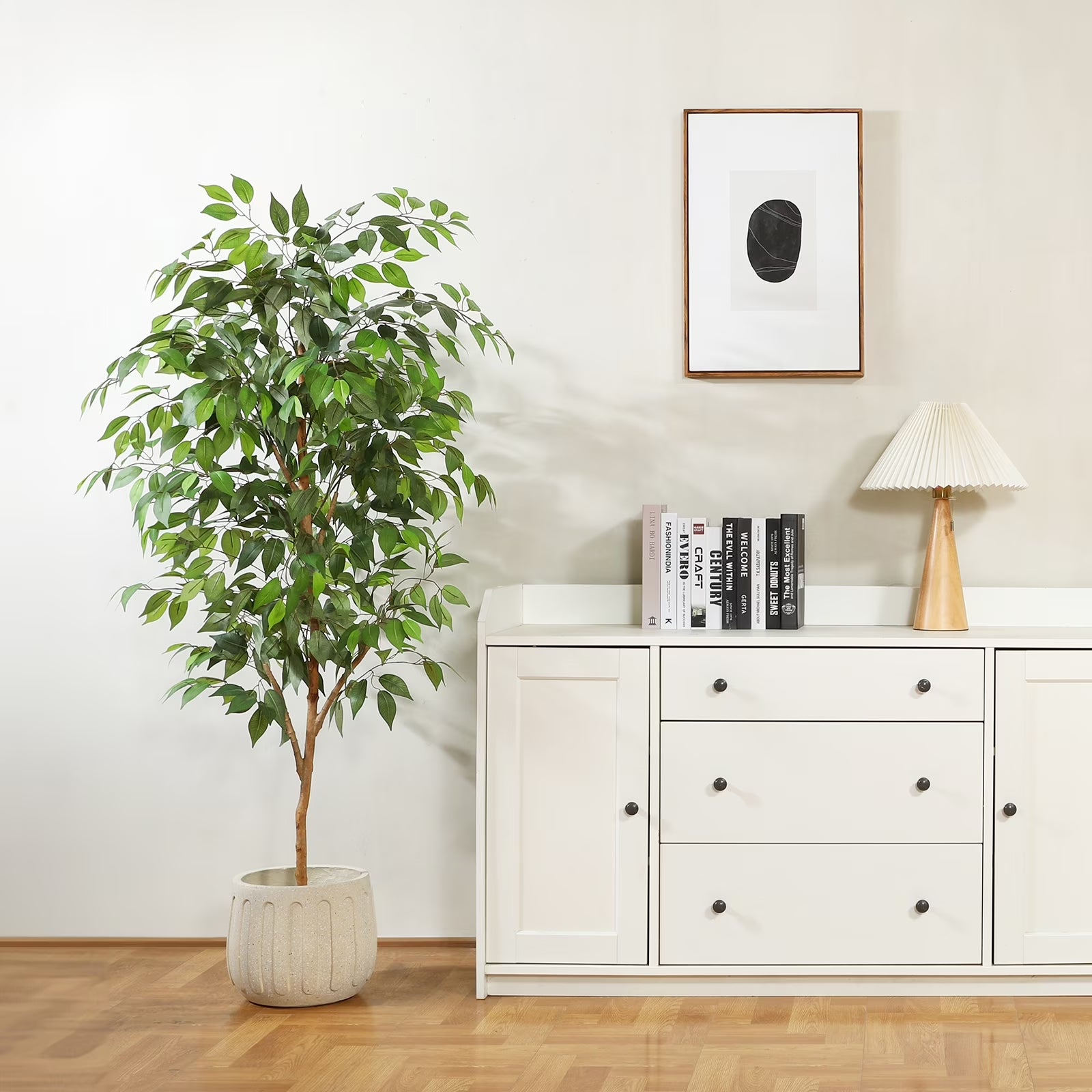 5FT Artificial Ficus Tree with Natural Wood Trunk and Lifelike Leaves, Silk Fake Potted Tree with Wood Branches, Faux Tree for Office Home Decor