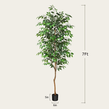 7FT Artificial Ficus Tree with Natural Wood Trunk and Lifelike Leaves, Silk Fake Potted Tree with Wood Branches, Faux Tree for Office Home Decor